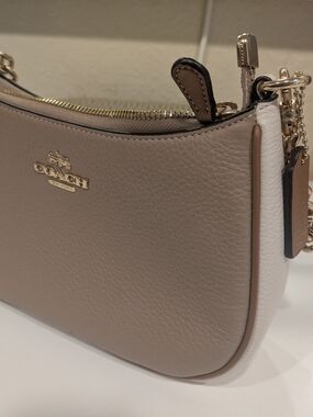 Coach Pebbled Leather Shoulder Bag in Taupe and White